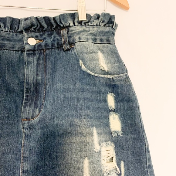 Hayden Paperbag Waist Distressed Blue Denim Mini Skirt/Size Large - Picture 7 of 11
